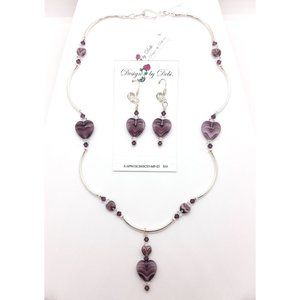 Purple Hearts & Crystals Necklace & Earrings